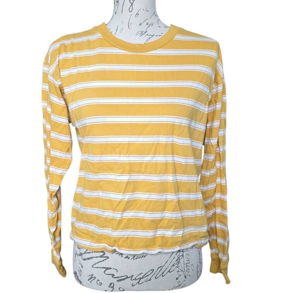 Forever 21 Women's Size Small Yellow White Striped Long Sleeve T-shirt